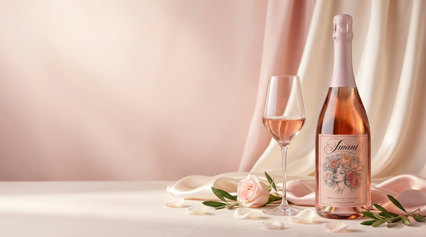Imani Rosé bottle styled with pink roses and two filled glasses