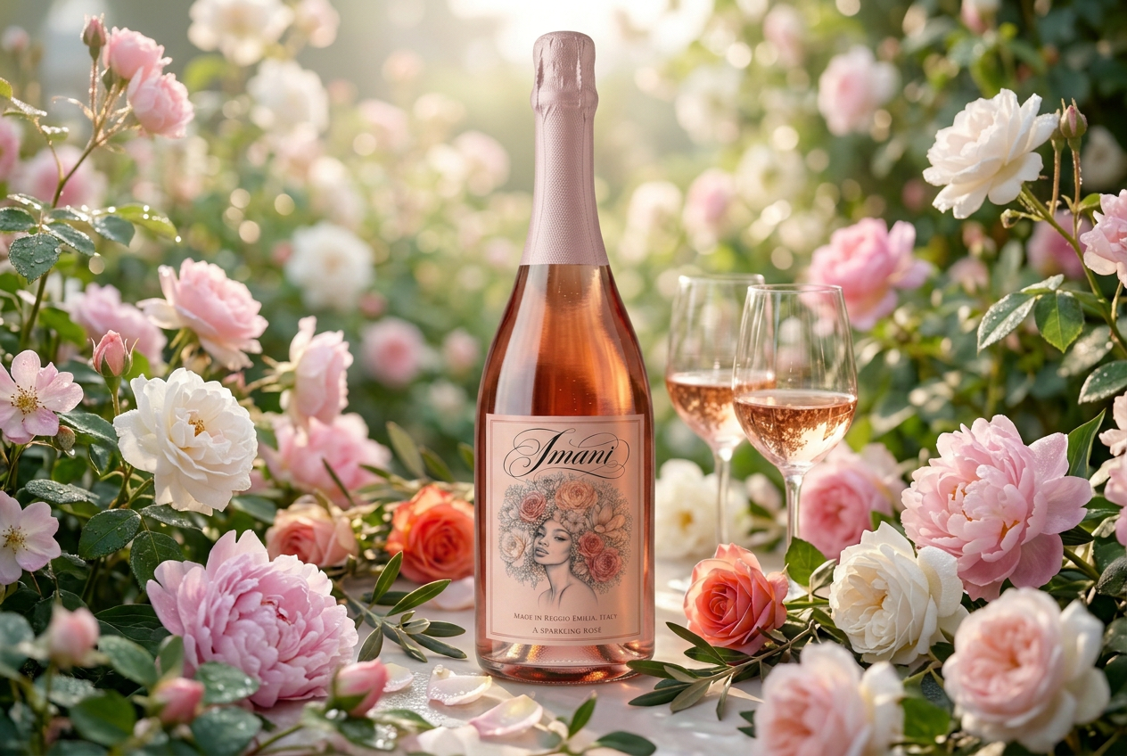 Imani Rosé bottle in a garden of pink and white flowers